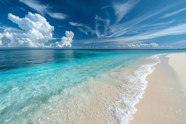 Foto de praia de areia vazia com mar azul e pequenas ondas Conceito de descanso de verão em lugares exóticos