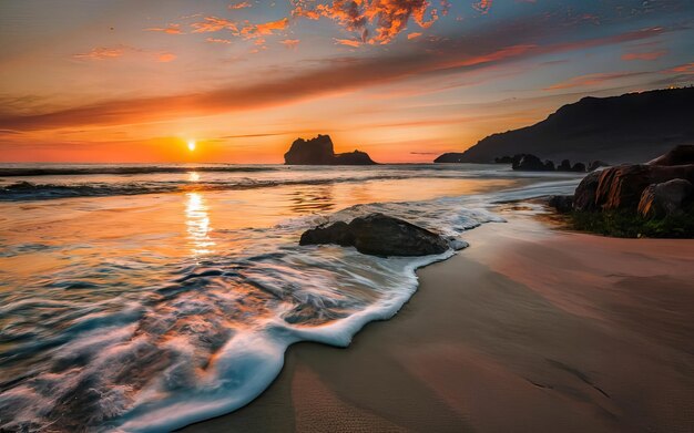 Foto foto de praia paradisíaca durante o dia com pôr do sol