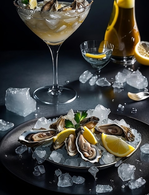foto de prato de ostras frescas no gelo com rodelas de limão e molho coquetel Criado com IA