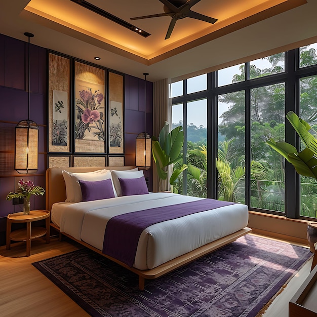 Foto de quarto de hóspedes inspirado em orquídeas tailandesas com uma cama de plataforma grande Wi interior Decor Layout Art