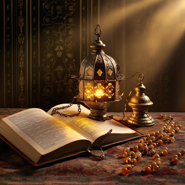 Foto foto de ramadan kareem real lanterna elegante e rosário com o sagrado alcorão em mesa de madeira