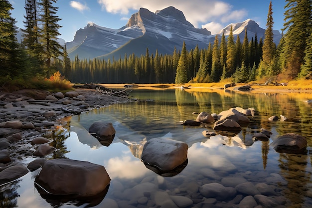 Foto de Reflexão de montanhas em uma paisagem pacífica de um lago calmo