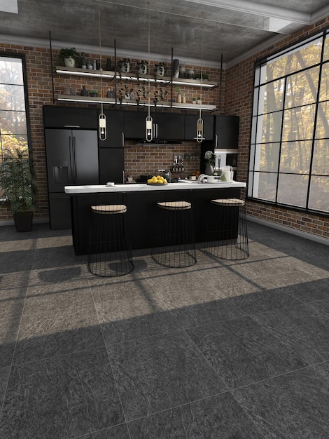 Foto de renderização 3d do interior da cozinha