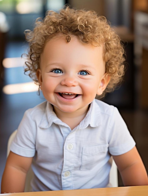 Foto foto de retrato de bebê britânico de cabelo encaracolado sorrindo