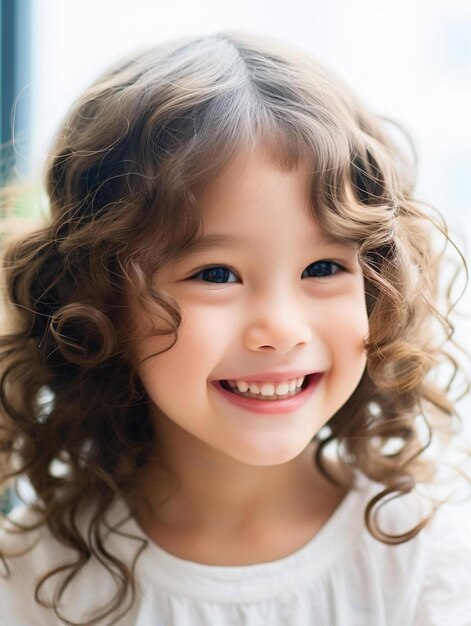 Foto de retrato de cabelo cacheado feminino infantil japonês sorrindo