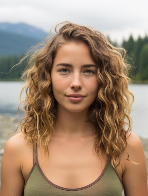 Foto de retrato de cabelo ondulado feminino adolescente canadense sorrindo