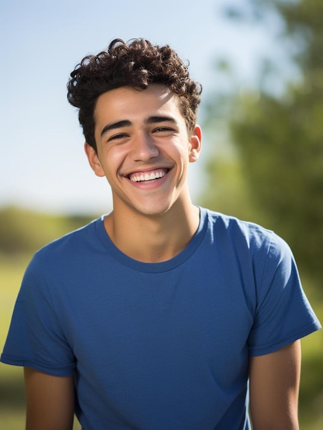 Foto de retrato de cabelo ondulado masculino adolescente colombiano sorrindo