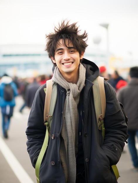 Foto de retrato de cabelo ondulado masculino adolescente japonês sorrindo