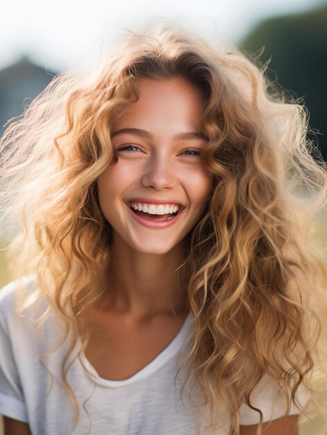 Foto de retrato de cabelos ondulados femininos adolescentes espanhóis sorrindo
