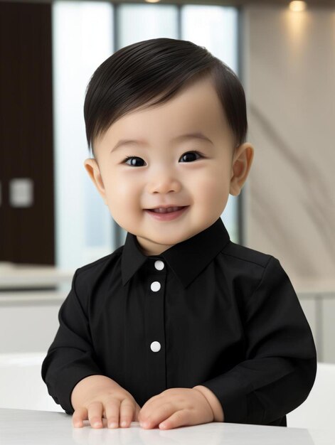 Foto de retrato de criança chinesa com cabelos lisos masculinos sorrindo