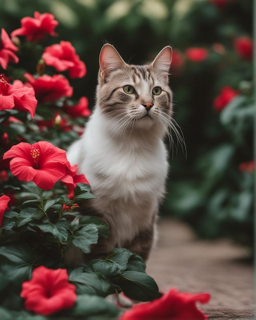 Foto de retrato de gatinho fofo e fofo no jardim cheio de flores de hibicus vermelhas