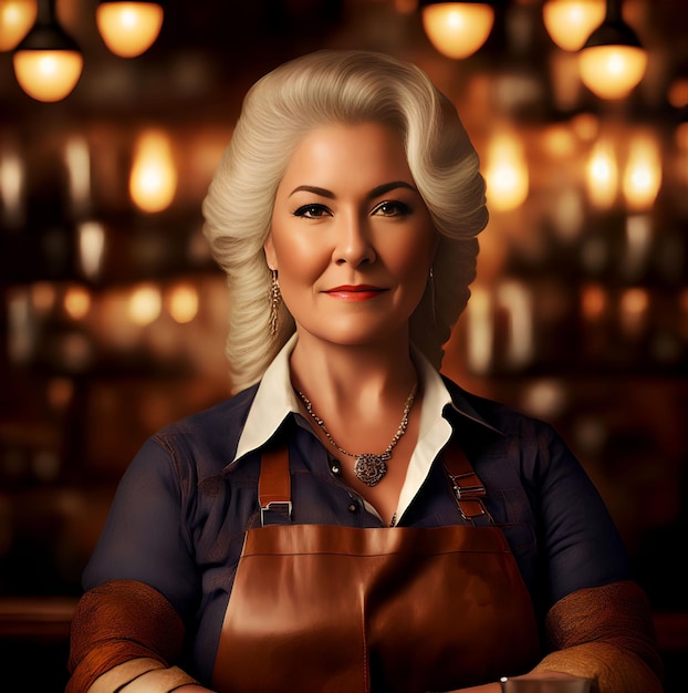Foto de retrato de mulheres americanas de barman de meia-idade em arte generativa de bar ocidental por IA