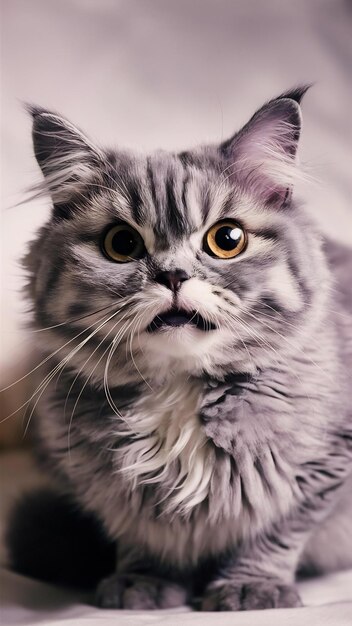 Foto de retrato de um gato escocês com rosto chocante e olhos bem abertos