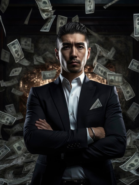 Foto de retrato de um membro da Yakuza com muitas notas de dinheiro voando ao redor