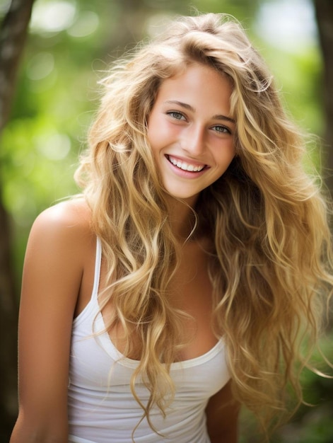 Foto de retrato de uma adolescente britânica de cabelo ondulado sorrindo