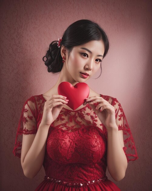 Foto de retrato de uma bela mulher asiática com vestido vermelho e coração dia dos namorados