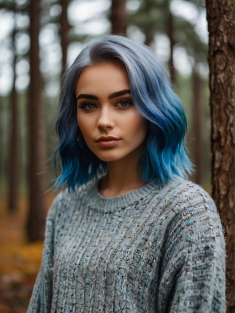 Foto de retrato em close-up de uma linda jovem de cabelo azul em uma floresta de pinheiros