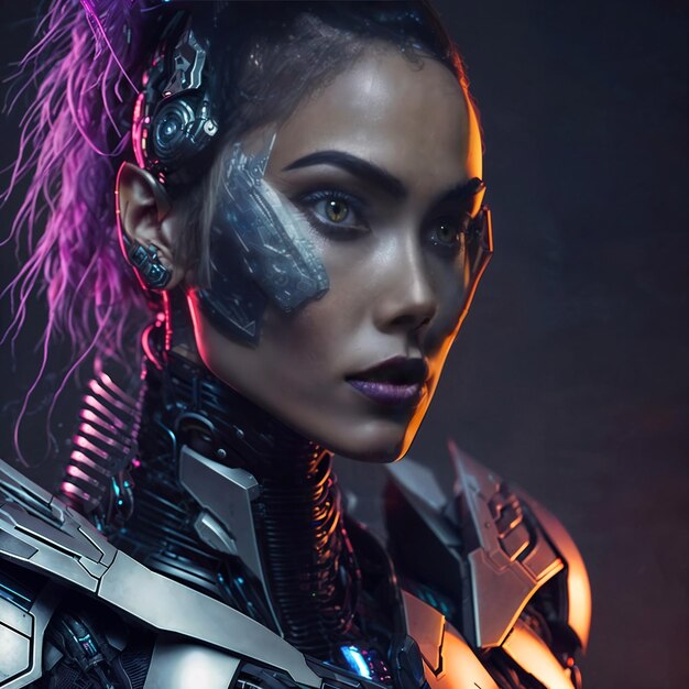 Foto de retrato futurista de uma linda mulher em armadura generativa AI