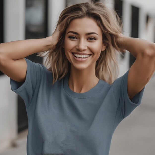 Foto foto de retrato sorridente de uma garota bonita e atraente vestindo uma camisa casual