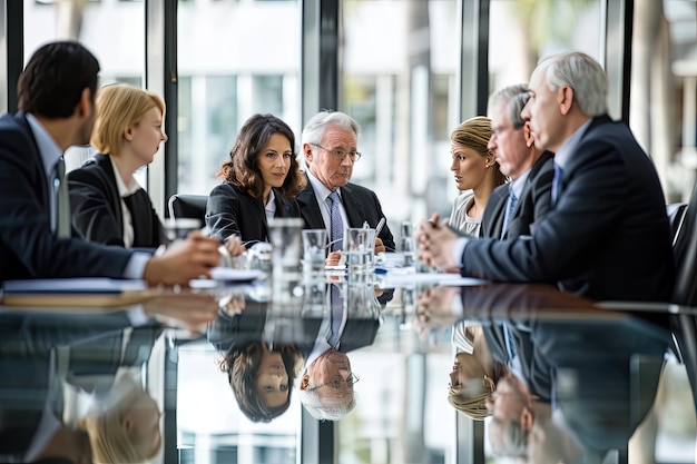 Foto foto de reunião de negócios com executivos discutindo estratégias foto cativante capturando executivos envolvidos em discussões estratégicas durante uma reunião de negócios