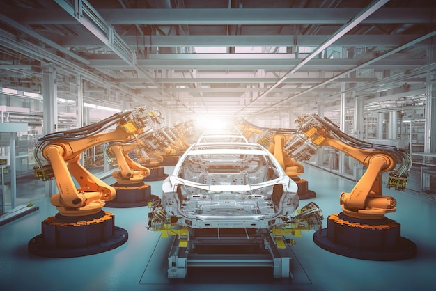 Foto de robôs trabalhando em uma linha de montagem de carros gerada por IA