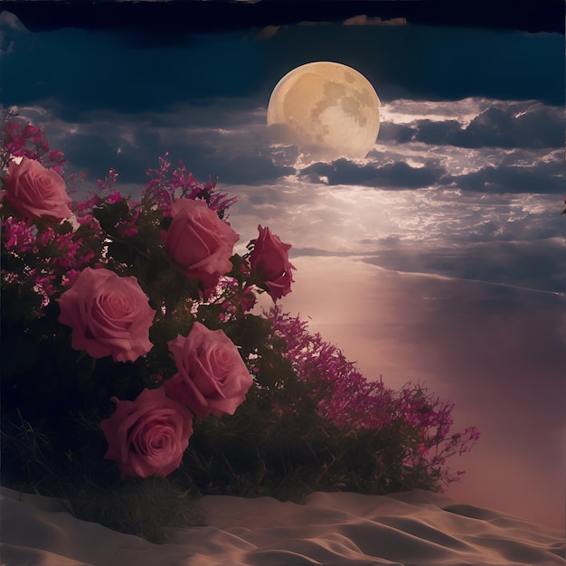 Foto de rosas cor de rosa em uma praia com lua cheia ao fundo