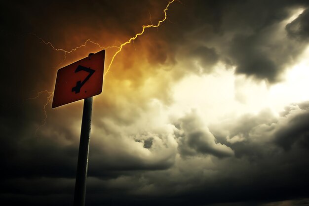 Foto de sinal de aviso de tornado contra um céu tempestuoso