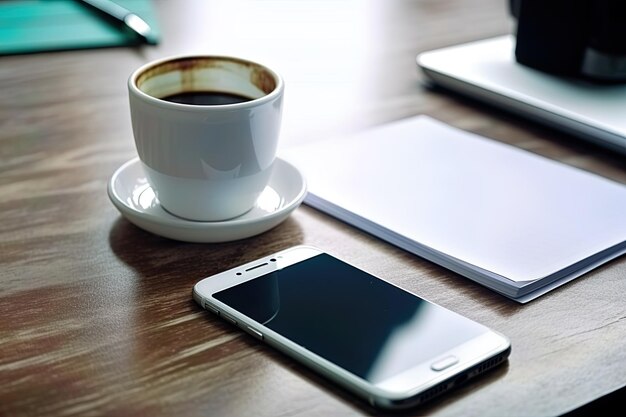 Foto de smartphone na mesa de trabalho com notebook como profissional