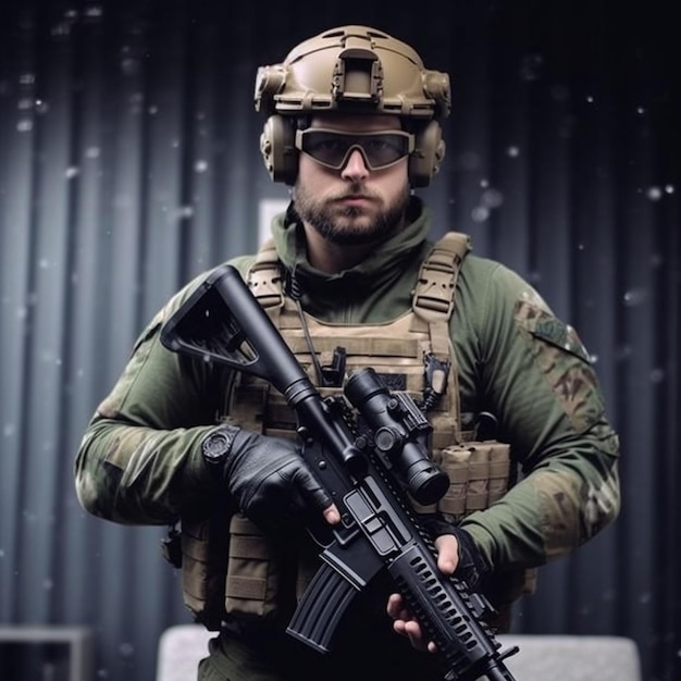Foto foto de soldado totalmente equipado em uniforme de camuflagem segurando um rifle de assalto