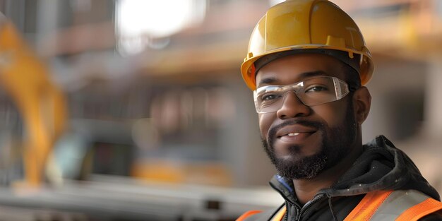 Foto de stock de homem com chapéu de segurança e colete de segurança para construção Conceito Equipamento de segurança para trabalhadores da construção Indústria Configuração Chapéu de segurança de segurança