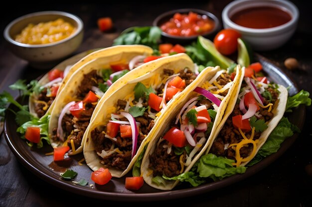 Foto de tacos muito saborosos com carne e legumes servidos em mesa de madeira