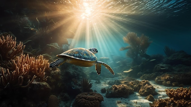 Foto de tartaruga em belo recife de coral gerada por ai