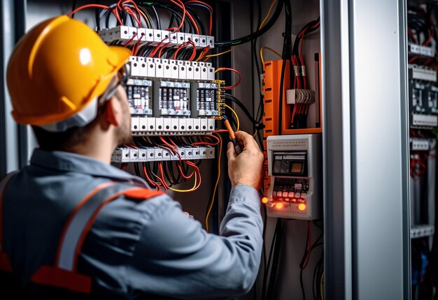 Foto de técnico elétrico trabalhando com fusíveis e quadro de distribuição de multímetros digitais