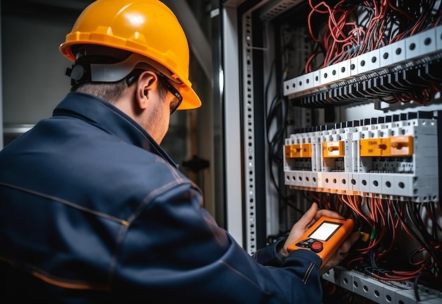 Foto de técnico elétrico trabalhando com fusíveis e quadro de distribuição de multímetros digitais