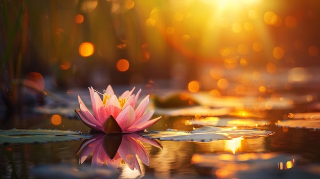 Foto de testemunho publicitário de flor de lótus refletida na água sob o pôr-do-sol com bokeh