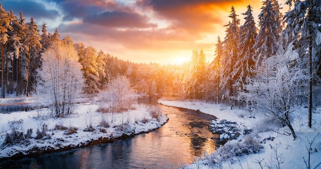 foto de tirar o fôlego de uma floresta coberta de neve durante o pôr do sol na Noruega