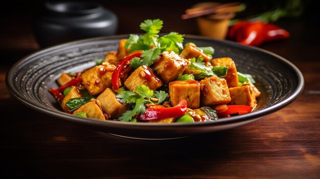 Foto foto de tofu stirfry como um prato em um restaurante de luxo