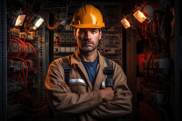 Foto de trabalhador eletricista e transformador elétrico atrás de um trabalhador em roupas de segurança realizando controle de qualidade no salão de produção ai gerado