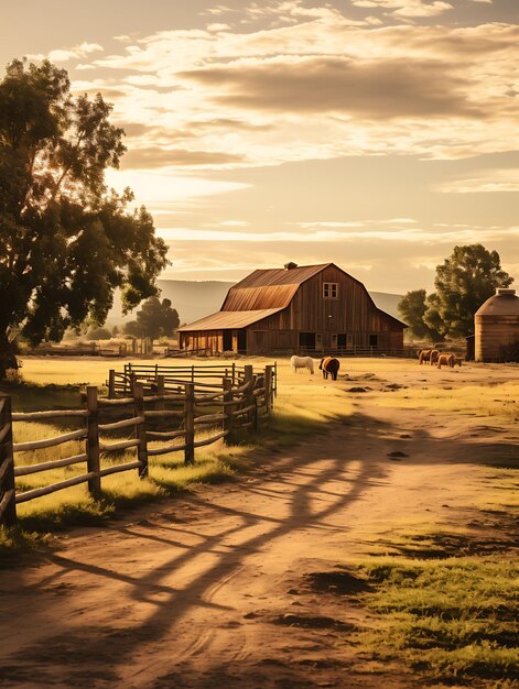 Foto foto de tranquil country horse ranch com cavalos pastando em lush pas paisagens pacíficas calmas