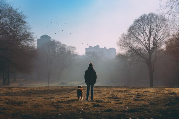 Foto de trás de um cachorro e seu dono brincando em um parque