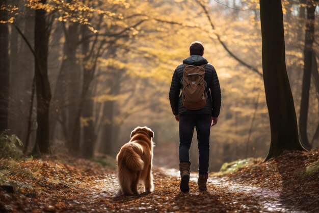 Foto de trás de um cão e seu dono em uma trilha natural