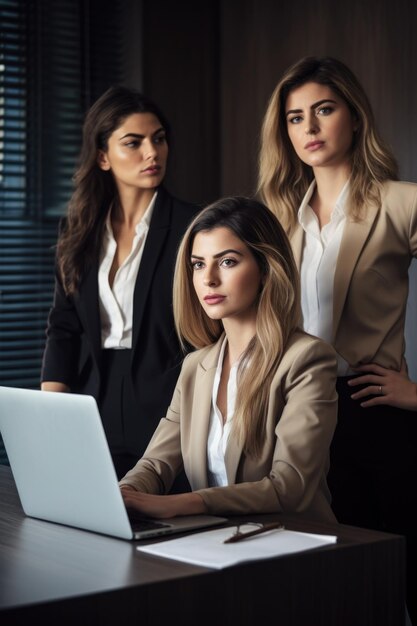 Foto foto de três jovens empresárias usando um laptop juntas em um escritório moderno