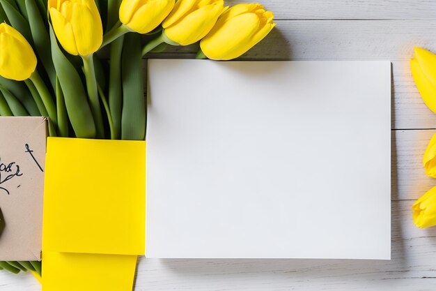 Foto de tulipas amarelas em um vaso amarelo com papel branco ao fundo