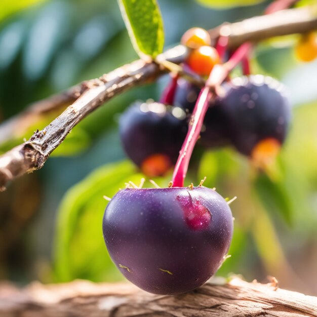 foto de um açaí preso a um galho de árvore com fundo desfocado