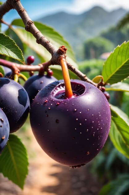 foto de um Acai preso a um ramo de árvore com um fundo desfocado