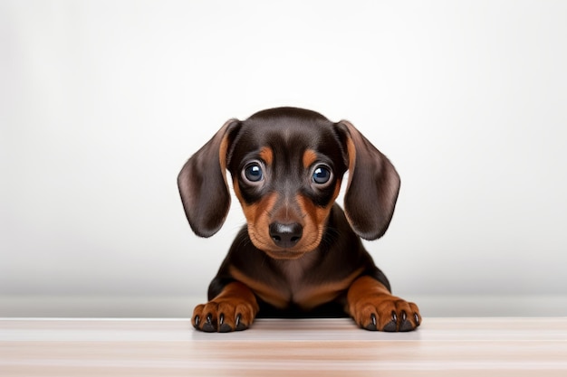 Foto foto de um adorável cachorrinho de dachshund em uma posição fofa em uma mesa branca prístina ia geradora
