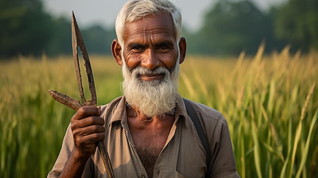foto de um agricultor indiano de meia-idade colhendo o arroz maduro gerado pela IA