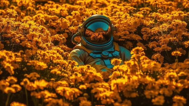 Foto de um astronauta deitado em um prado de flores amarelas AI