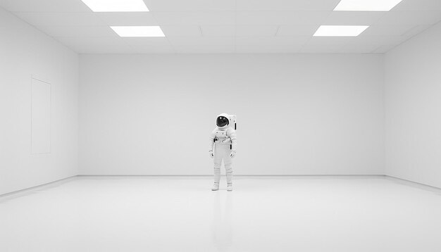 Foto foto de um astronauta flutuando em uma sala vazia, uma sala branca muito moderna e minimalista.