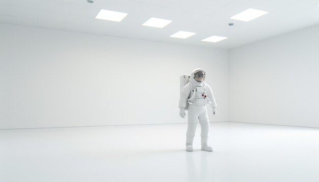 Foto de um astronauta flutuando em uma sala vazia, uma sala branca muito moderna e minimalista.